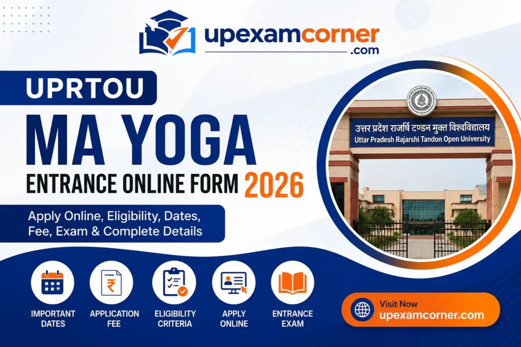 UPRTOU MA Yoga Entrance Online Form 2026 feature image showing admission notification, eligibility, important dates and apply online details – UP Exam Corner