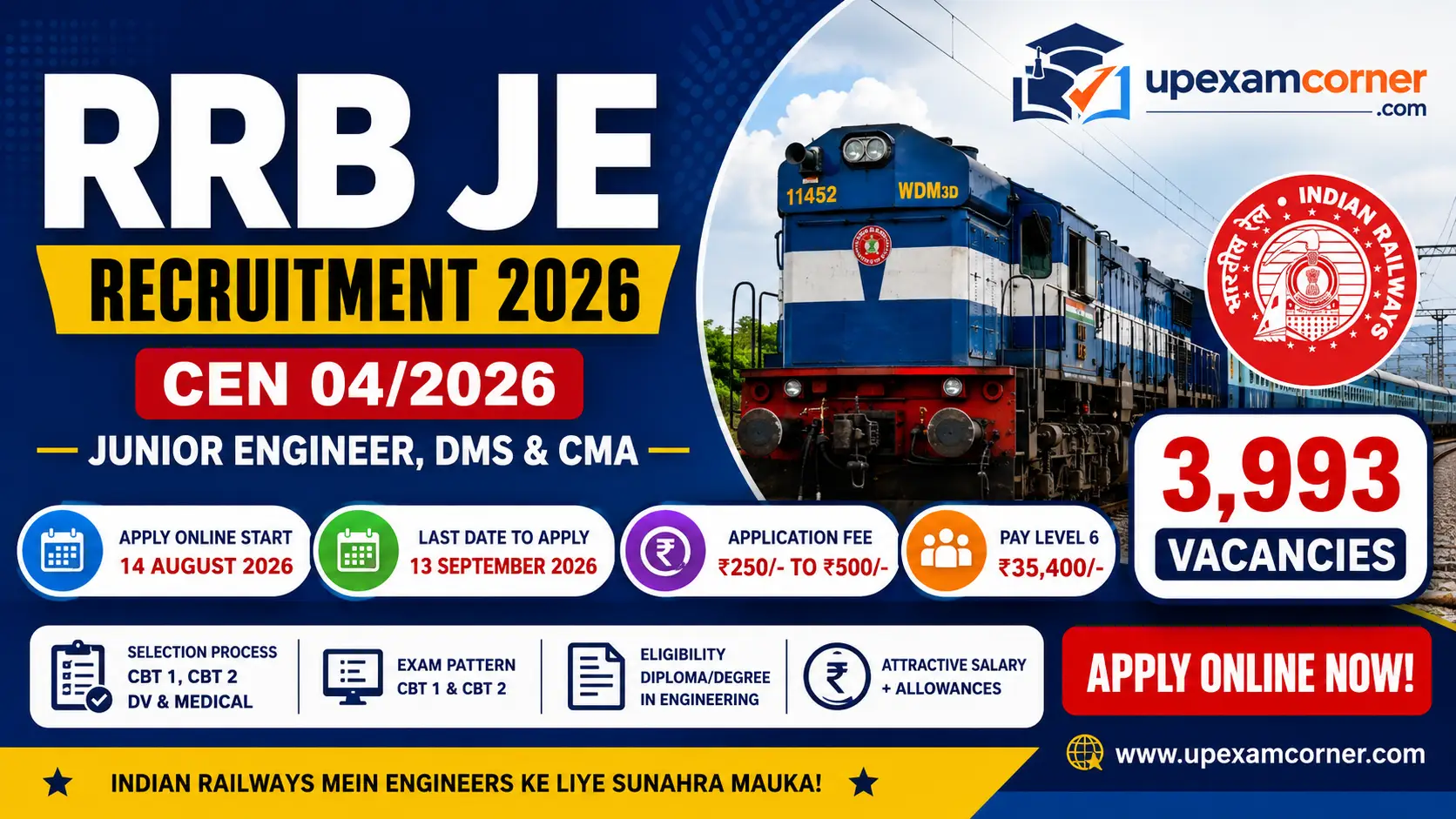 RRB JE Recruitment 2026 CEN 04/2026 – 3993 Vacancies
